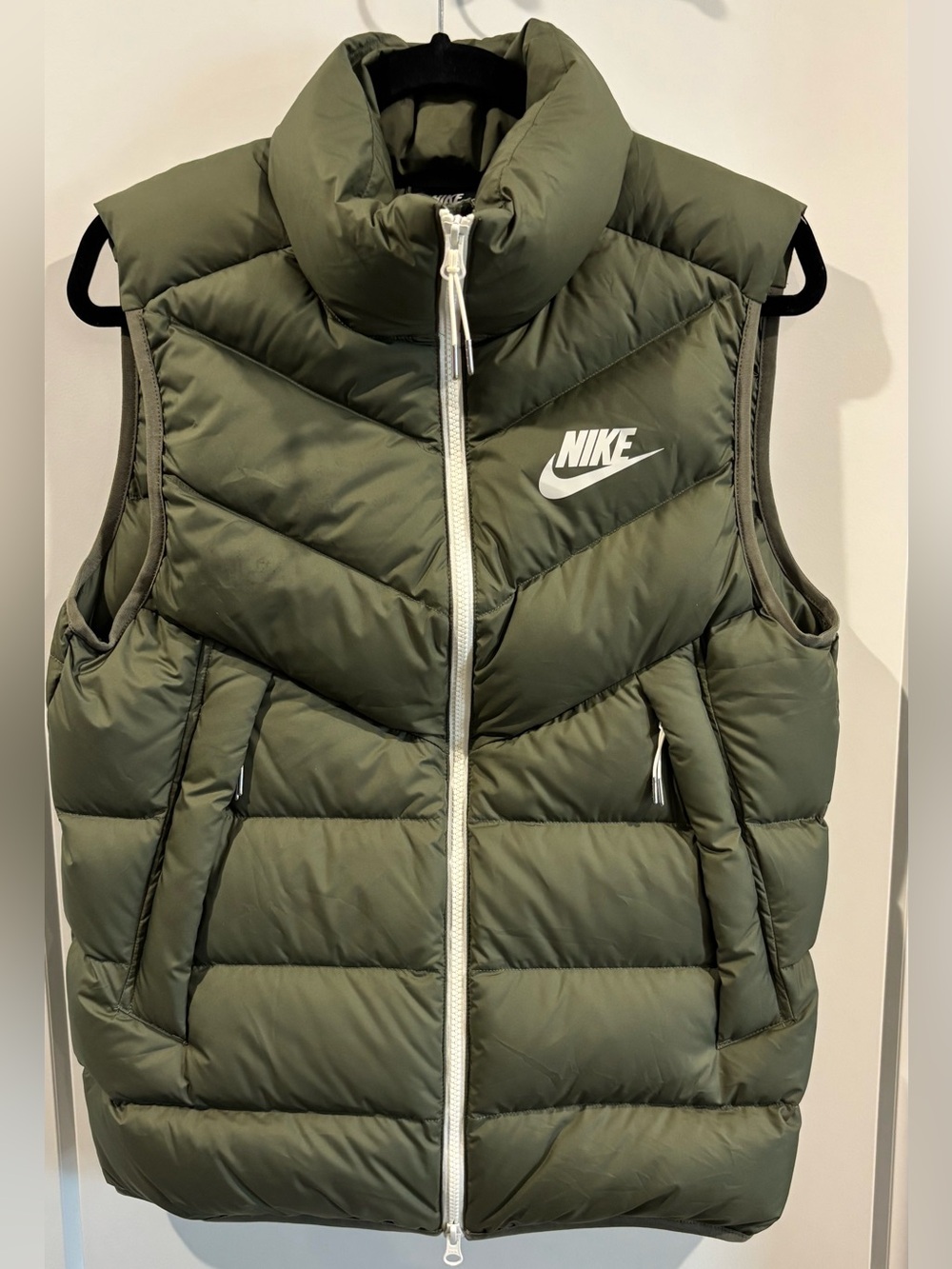 Nike Olive Green Quilted Puffer Vest with White Swoosh 75% Down Fill Windrunner